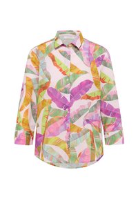 Button-up shirt with a pink background and large, multicolored tropical leaf patterns in green, yellow, and purple. Features long sleeves and a collar.
