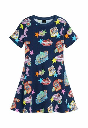 Vestido azul marino de manga corta con parches coloridos de Minnie Mouse, estrellas y frases como "Hang Out" y "Best Friends."