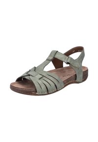 Zielone skórzane sandały z plecionym wzorem paska, regulowanym zapięciem na kostce, wyściełaną wkładką i teksturowaną brązową podeszwą.