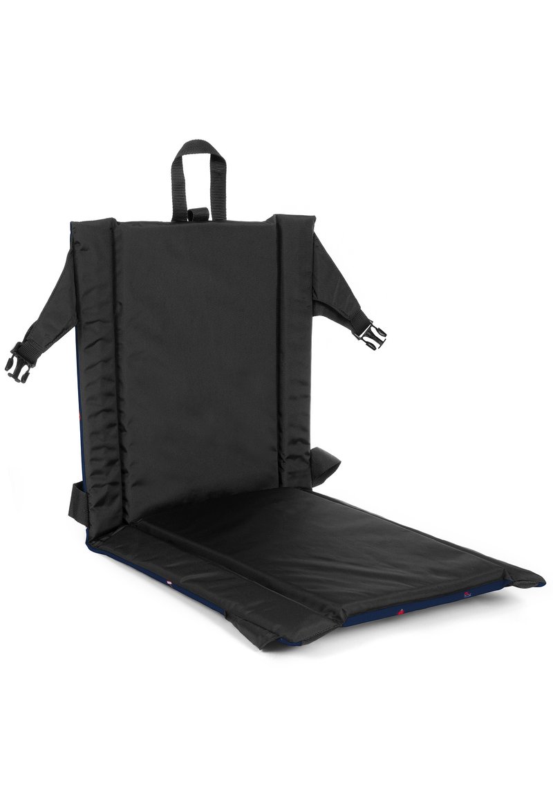 Support de siège rembourré noir avec dossier, sangles réglables, base plate et texture lisse. Conçu pour le confort et la stabilité.