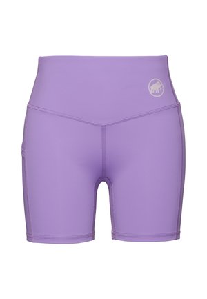 Purple athletic shorts made of stretchy fabric, featuring a high waistband, flatlock seams, and a logo accent on the front left side.