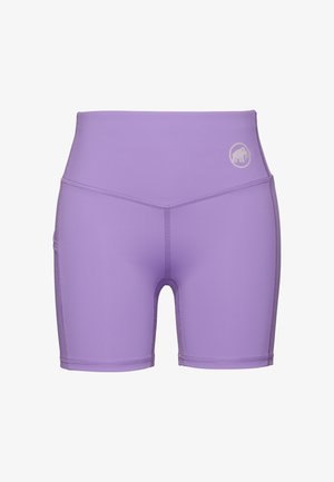 Paarse sportshorts van rekbaar materiaal, met een hoge tailleband, platte naden en een logo-accent aan de voorkant links.