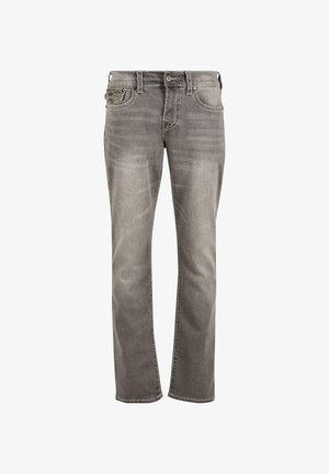 Sive jeans z ravnim krojem, ki imajo pet žepov, kontrastno šivanje in subtilno zbledelo teksturo.