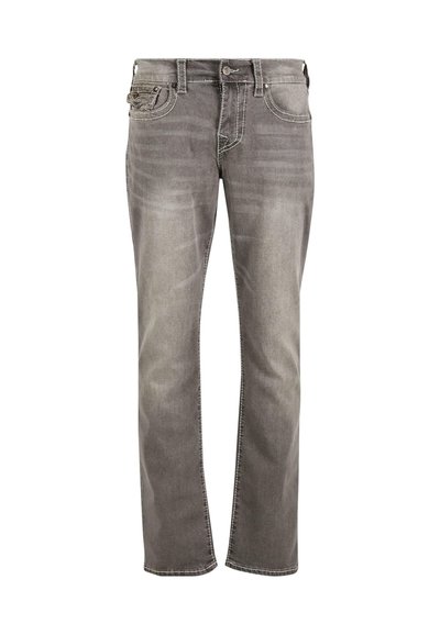 Jeans en denim gris avec une coupe droite, dotés d'un style à cinq poches, de coutures contrastées et d'une texture légèrement délavée.