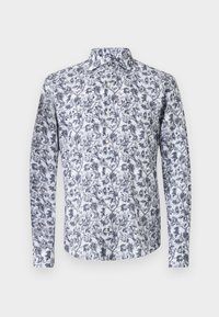 Langermet skjorte i hvit bomull med blå blomstertrykk, med krage og rett hem. Myk tekstur med intrikate detaljer.