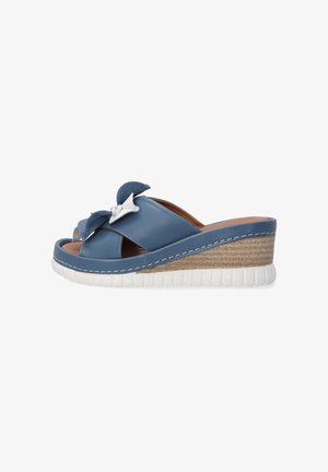Blue leather wedge sandals with a bow accent, open toe design, and woven textured midsole. Features a white rubber outsole.