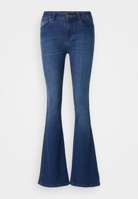 Vidvuxna, mörkblå denimjeans med midjeyta, femficksdesign och knappstängning framtill. Slät textur, minimal blekning.