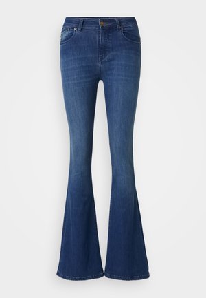 Izplūdušas, tumši zilas džinsa bikses ar vidēja augstuma jostasvietu, piecu kabatu dizainu un priekšējo pogu aizdari. Gluda tekstūra, minimāla izbalēšana.