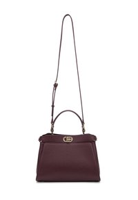 Borsa a mano in pelle bordeaux con finitura testurizzata, hardware dorato, manico superiore e tracolla removibile. Forma rettangolare, design strutturato.