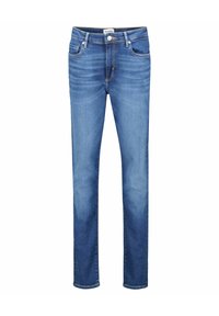 Jeans de denim azul ajustados con bolsillos frontales y traseros, trabillas para cinturón y un cierre de botón en la cintura.