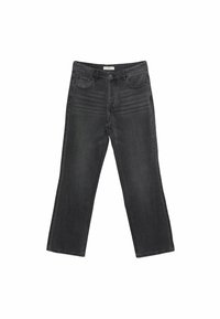 Jeans negros de pierna recta con bolsillos frontales y traseros, cierre de botón y detalles de desvanecimiento sutil en los muslos y las rodillas.