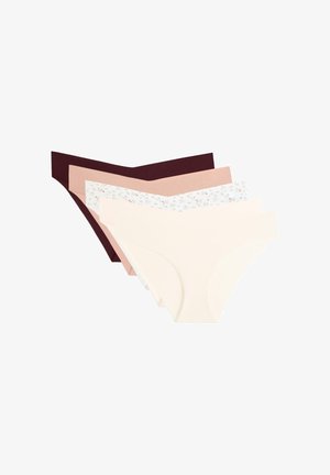 Pět dámských bikinových kalhotek v jednobarevné hnědé, světle růžové, béžové a jedny s malým květinovým vzorem, uspořádaných do vějíře.