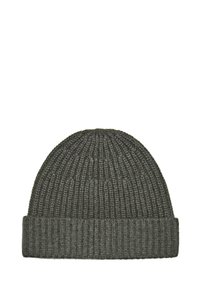 Berretto lavorato a maglia grigio scuro con texture a costine e risvolto. Il materiale sembra morbido e caldo, con una parte superiore arrotondata senza cuciture.