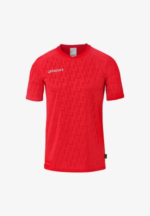 Rotes Sport-Shirt mit kurzen Ärmeln, geometrischem Muster, Rundhalsausschnitt und strukturiertem Stoff. Mit uhlsport-Logo auf der linken Brust.