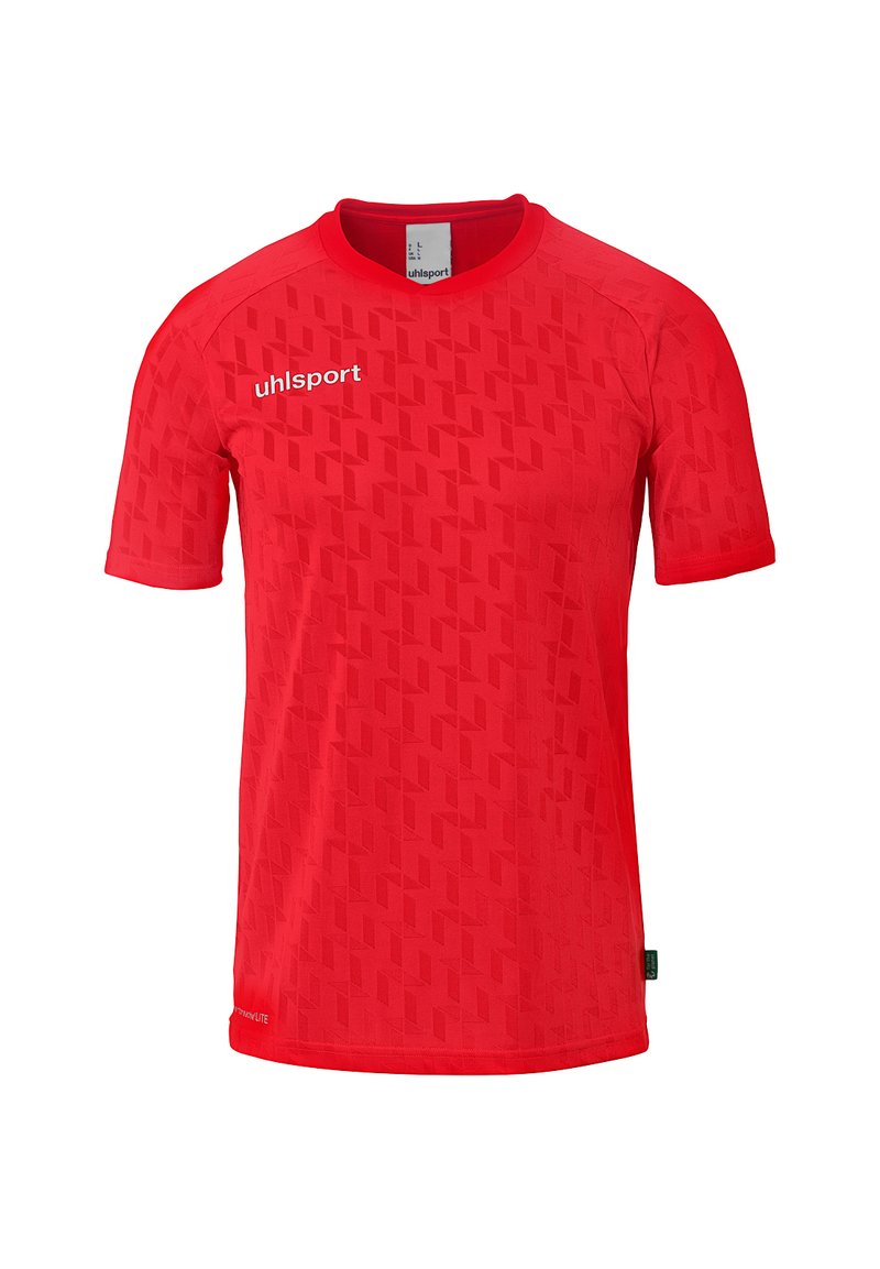 T-shirt de sport rouge à manches courtes avec un motif géométrique, col rond et tissu texturé. Présente le logo uhlsport sur la poitrine gauche.