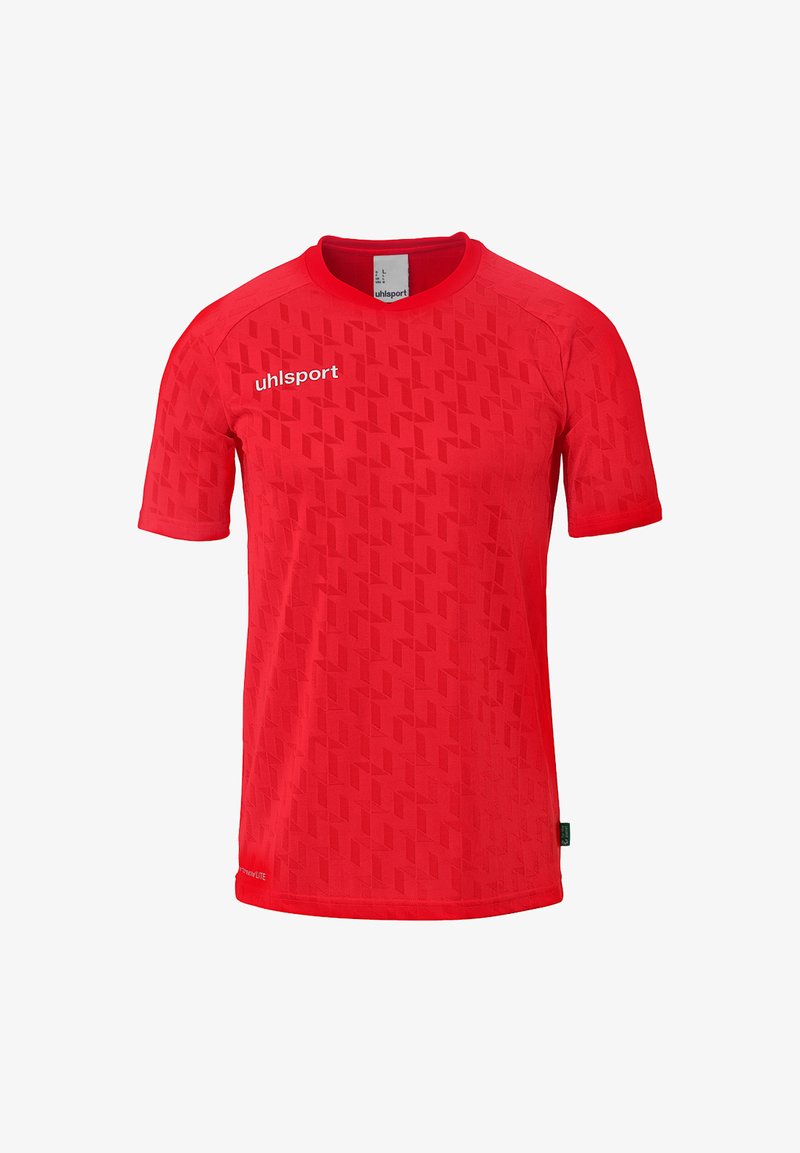 T-shirt de sport rouge à manches courtes avec un motif géométrique, col rond et tissu texturé. Présente le logo uhlsport sur la poitrine gauche.