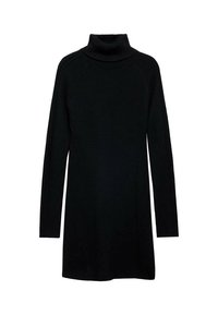 Robe-pull noire à col montant avec manches longues, texture côtelée et coupe ajustée. Fabriquée en tissu doux, atteignant la longueur mi-cuisse.