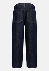 Culotte din denim închis cu un croi drept. Dispune de două buzunare laterale și cusături contrastante. Textură netedă, tivite la baza.