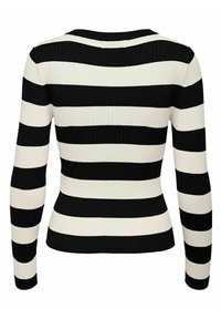 Pull à rayures horizontales noires et blanches à manches longues côtelées, cintré à la taille, vu de dos.