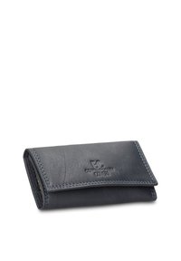 Donkerblauwe leren portemonnee met een gestructureerde afwerking, een omslagklep en zichtbare stiksels; met een geperst logo. Compact rechthoekig model.