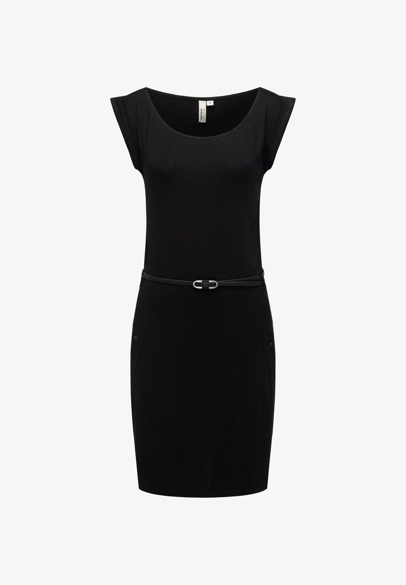 Svart klänning med korta ärmar, figurnära passform, rundad halsringning och avtagbart smalt skärp. Har två sidofickor och en mjuk tygtextur.