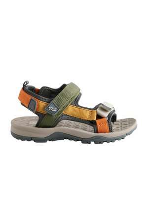 Outdoor sandal with adjustable orange, yellow, olive green straps, textured beige sole, and rugged black outsole designed for hiking or casual wear.