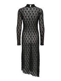 Vestido negro de encaje con mangas largas, cuello alto y detalle de abertura en la espalda. Presenta un patrón floral y un dobladillo asimétrico.