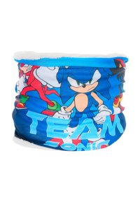 Wielokolorowy komin z tkaniny z postaciami z kreskówek na niebieskim tle. Miękka, biała podszewka z polaru. Tekst "TEAM ZONE" w dużych literach.