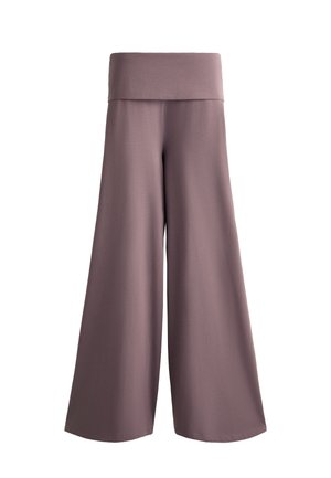 Hlače širokih nogavica u mekom ljubičastom tonu, s rastezljivim visokim strukom i glatkom teksturom tkanine, pogodne za ležernu odjeću.