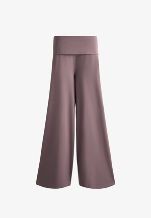 Kalhoty s širokými nohavicemi v jemném odstínu mauve, s pružným vysokým pasem a hladkým textilním povrchem, vhodné pro volnočasové nošení.