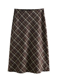 Brun A-linje nederdel med beige og creme diagonal ternet mønster, knælang, lavet af glat stof på hvid baggrund.