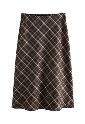 Brown A-line skirt with beige and cream diagonal plaid pattern, knee-length, made of smooth fabric on white background.