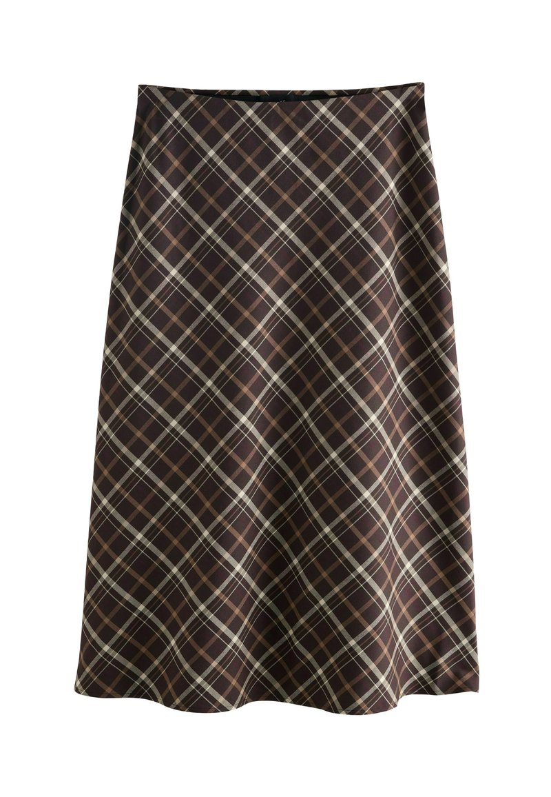 Brun A-linje nederdel med beige og creme diagonal ternet mønster, knælang, lavet af glat stof på hvid baggrund.
