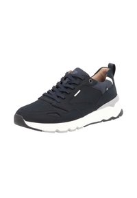 Dark navy athletic shoe made of mixed materials, featuring a textured surface, white midsole, and prominent lacing system.