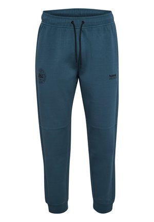 Blauwe taps toelopende joggingbroek met elastische tailleband, zwarte trekkoorden, boorden bij de enkels en kleine zwarte logo's op de bovenbenen.