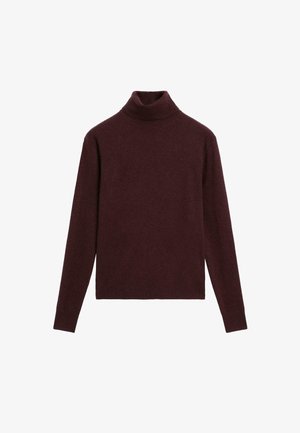 Bordeauxfarbener Rollkragenpullover aus weichem Material, mit langen Ärmeln und lockerer Passform, hat eine glatte Textur und minimale Details.