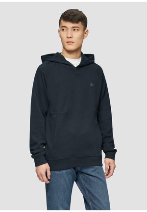 Navy hooded sweatshirt featuring a kangaroo pocket, ribbed cuffs, and a small green logo on the chest. Made from a soft, textured fabric.