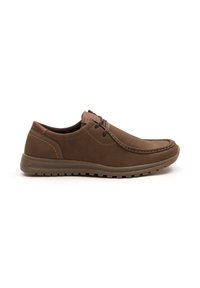 Zapatos de cuero marrón con punta redonda, diseño con cordones, acentos de cuero en contraste, superficie lisa y suela de goma texturizada para un mejor agarre.