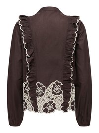 Blouse marron foncé à manches longues avec bordure verticale froncée et détail en dentelle florale blanche le long de l'ourlet inférieur du dos.