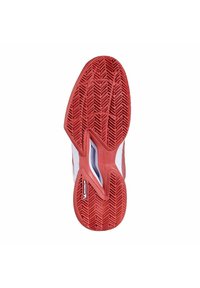 Sole in gomma rossa con motivo a spina di pesce e parte superiore bianca. Ritagli notevoli e dettagli del marchio sul lato.