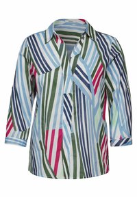 Multicolored button-up shirt featuring a mix of vertical and diagonal stripes in blue, green, pink, and white. Lightweight fabric, 3/4 sleeves.