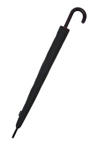Czarny parasol z zakrzywioną czarną rączką, czerwonym akcentem w postaci przeszyć oraz smukłym profilem, z gładkim materiałowym daszkiem i metalowym końcem.