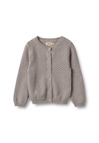 Kinder Leichtbrauner gestrickter Cardigan mit langen Ärmeln, rundem Hals, Knopfverschluss und strukturiertem Muster auf dem Stoff.