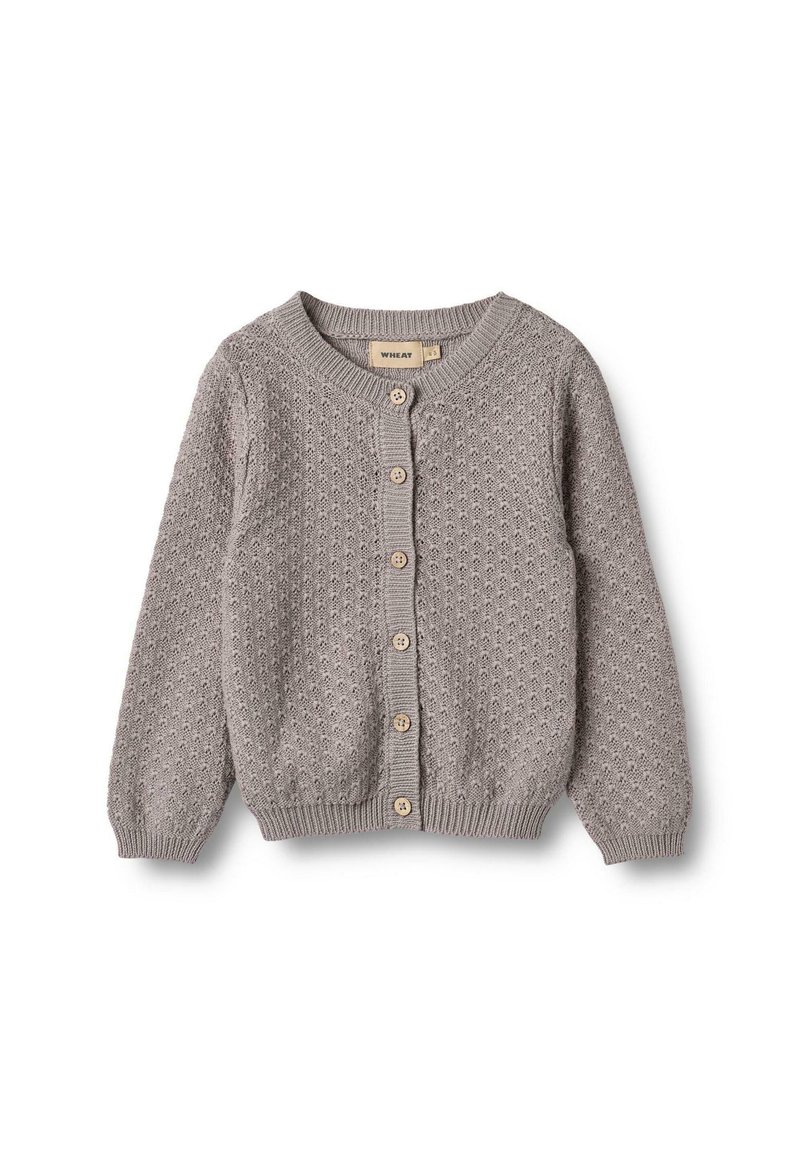 Kinder Leichtbrauner gestrickter Cardigan mit langen Ärmeln, rundem Hals, Knopfverschluss und strukturiertem Muster auf dem Stoff.
