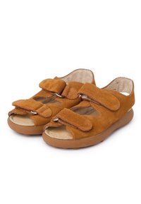 Suede brown sandals with two adjustable straps, open-toe design, and cushioned insoles. Soles are flexible with a slight thickness.