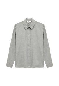 Grå skjorte med knapper, der har en klassisk krave, lange ærmer og et tekstureret stof med en glat overflade og en subtilt mønster.