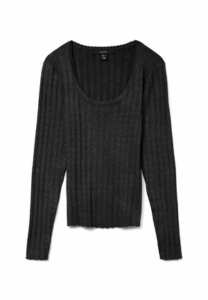 Sort langærmet sweater med ribbet struktur, scoop halsudskæring og tætsiddende design. Stof ser blødt og let ud med subtile detaljer.