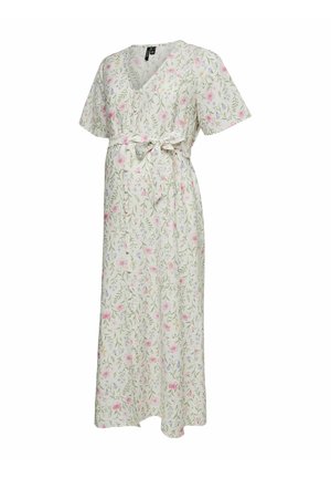 Robe de maternité beige clair à manches courtes, col en V, imprimé floral et ceinture en tissu nouée à la taille.