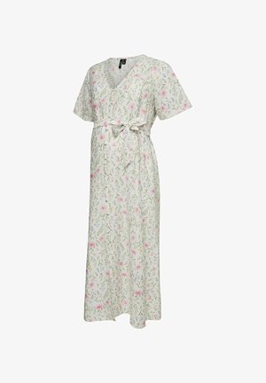 Svijetlo bež haljina za trudnice s kratkim rukavima, V-izrezom, cvjetnim uzorkom i vezanim tkaninskim remenom u struku.