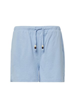 Lichtblauwe katoenen shorts met een elastische tailleband, voorzien van een trekkoord met houten kralen en zijsplitten voor extra bewegingsvrijheid.